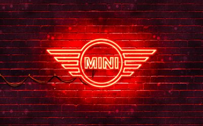 Mini logo rosso, 4k, muro di mattoni rossi, Mini logo, marchi di automobili, Mini logo neon, Mini