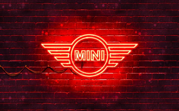 ミニ赤いロゴ, 4k, 赤レンガの壁, ミニロゴ, 車のブランド, ミニネオンロゴ, Mini