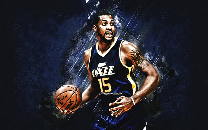 Derrick Favors, Utah Jazz, NBA, American basketball player, blue stone background, USA, basketball