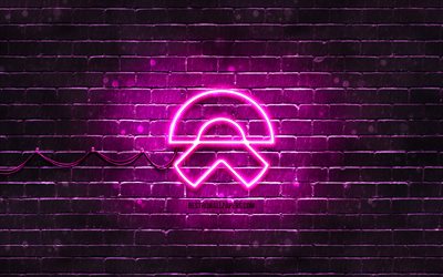 NIO violette logo, 4k, violet brickwall, NIO logo, marques de voitures, NIO n&#233;on logo, NIO