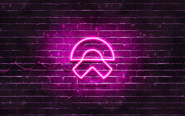 NIO purple logo, 4k, purple brickwall, NIO logo, cars brands, NIO neon logo, NIO