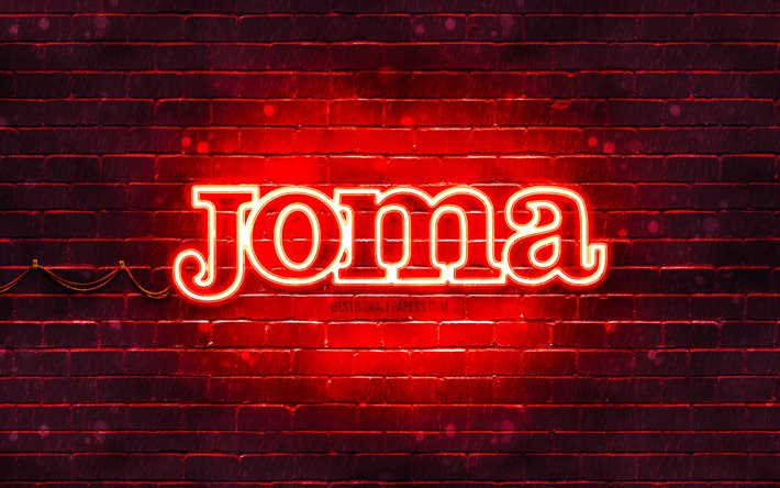 Joma red logo, 4k, rosso, brickwall, logo Joma, sport marche, Joma neon logo Joma