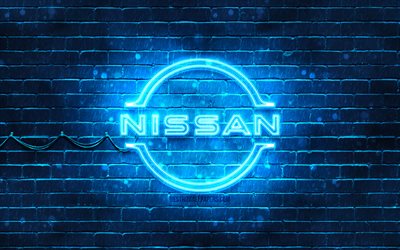 Nissan blue logo, 4k, blue brickwall, Nissan logo, cars brands, Nissan neon logo, Nissan