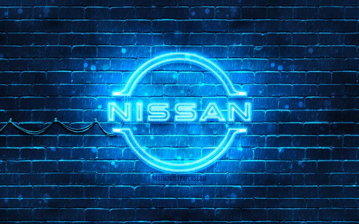Nissan logo blu, 4k, blu, brickwall, logo Nissan, auto marche, Nissan neon logo, Nissan