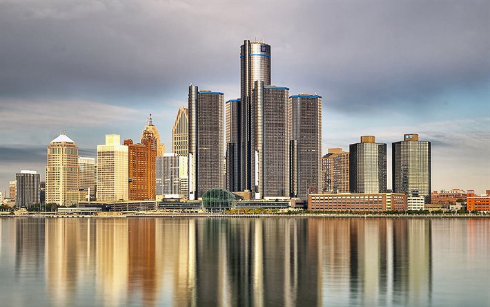 Detroit, evening, Lake Michigan, sunset, Detroit cityscape, Illinois, USA, Detroit Skyline