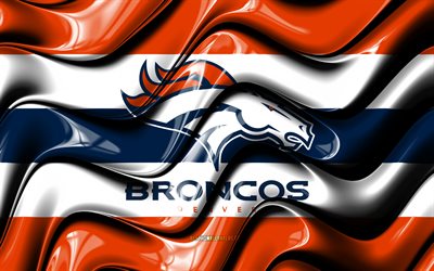 Denver Broncos flag, 4k, orange and blue 3D waves, NFL, american football team, Denver Broncos logo, american football, Denver Broncos