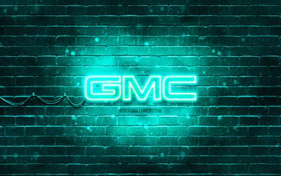 Logo turchese GMC, 4k, muro di mattoni turchese, logo GMC, marchi di automobili, logo al neon GMC, GMC