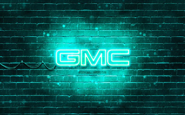Logotipo turquesa GMC, 4k, parede de tijolos turquesa, logotipo GMC, marcas de carros, logotipo de n&#233;on GMC, GMC
