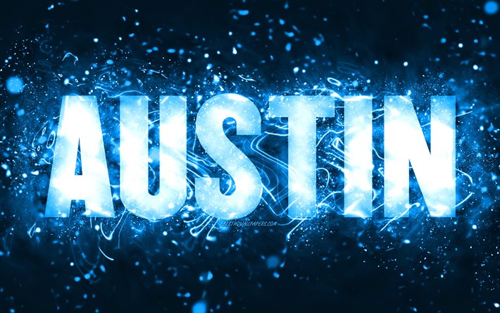 Buon compleanno Austin, 4k, luci al neon blu, nome Austin, creativo, buon compleanno Austin, compleanno di Austin, nomi maschili americani popolari, foto con nome Austin, Austin