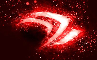 Logotipo vermelho da Nvidia, 4k, luzes de n&#233;on vermelhas, criativo, fundo abstrato vermelho, logotipo da Nvidia, marcas, Nvidia