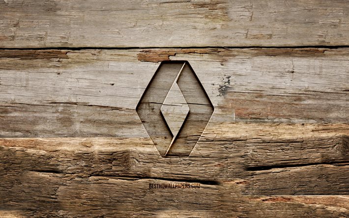 Logo en bois Renault, 4k, arri&#232;re-plans en bois, marques de voitures, logo Renault, cr&#233;atif, sculpture sur bois, Renault