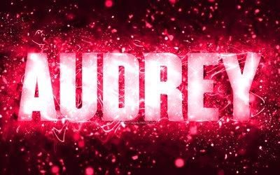 Buon compleanno Audrey, 4k, luci al neon rosa, nome Audrey, creativo, Audrey Buon compleanno, Compleanno Audrey, nomi femminili popolari americani, foto con nome Audrey, Audrey