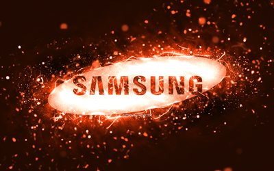 Samsung oranssi logo, 4k, oranssi neon valot, luova, oranssi abstrakti tausta, Samsung-logo, merkkej&#228;, Samsung