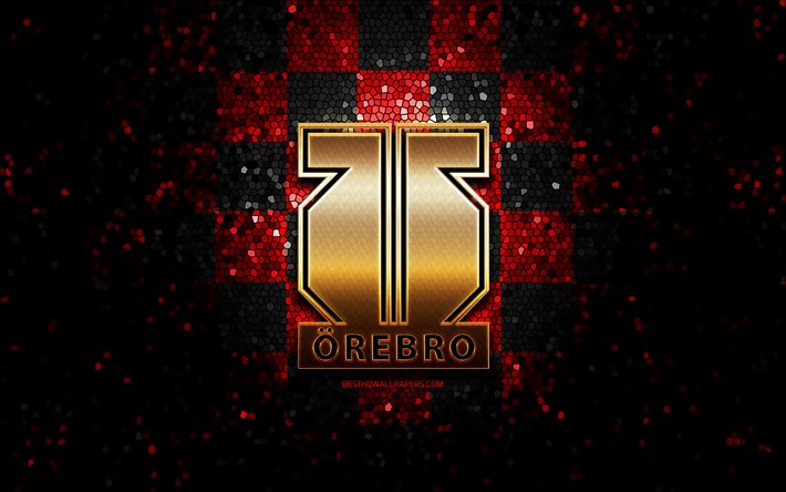 Orebro HK, glitter logo, SHL, red black checkered background, hockey, swedish hockey team, Orebro HK logo, mosaic art, swedish hockey league