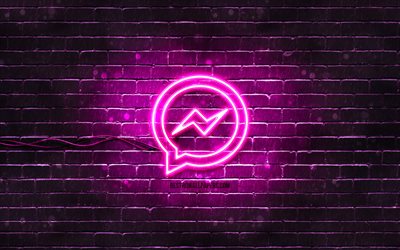 Facebook Messenger purple logo, 4k, purple brickwall, Facebook Messenger logo, messengers, Facebook Messenger neon logo, Facebook Messenger