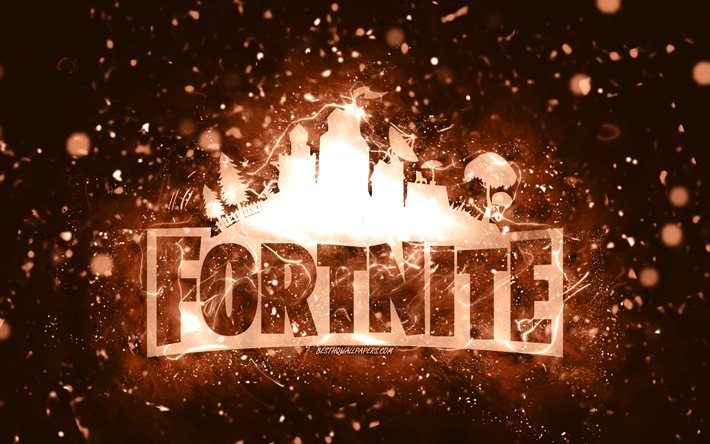 Fortnite kahverengi logo, 4k, kahverengi neon ışıkları, yaratıcı, kahverengi soyut, arka plan, Fortnite logo, online games, Fortnite