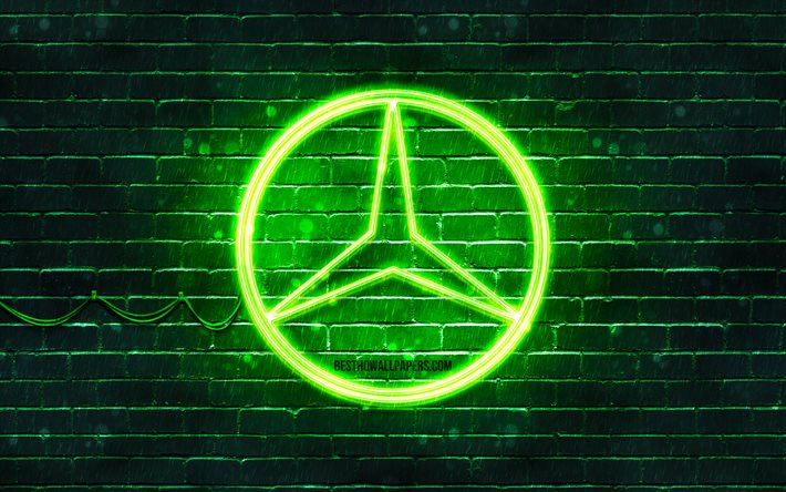 Mercedes-Benz logo vert, 4k, vert brickwall, Mercedes-Benz logo, voitures, marques, logo Mercedes, Mercedes-Benz n&#233;on logo Mercedes-Benz