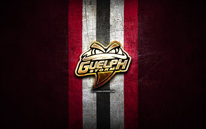 Guelph Tempestade, ouro logotipo, OHL, roxo metal de fundo, h&#243;quei canadense equipe, Guelph Tempestade logo, h&#243;quei, Canad&#225;