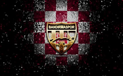Bandirmaspor FC, logotipo de glitter, 1 Lig, fundo roxo branco quadrimed, futebol, clube de futebol turco, logotipo Bandirmaspor, arte mosaico, TFF First League, Bandirmaspor