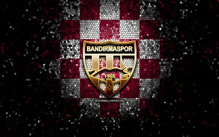 Bandirmaspor FC, logo glitter, 1 Lig, sfondo a scacchi bianco viola, calcio, squadra di calcio turca, logo Bandirmaspor, arte mosaico, TFF First League, Bandirmaspor
