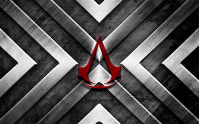 Assassins Creed metal logo, 4K, gray metal background, metal arrows, Assassins Creed logo, creative, Assassins Creed red logo, Assassins Creed