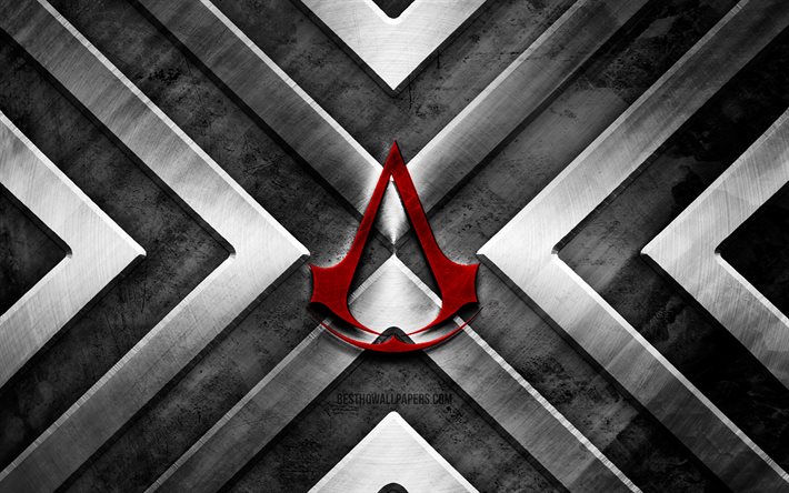 Assassins Creed logo en m&#233;tal, 4K, gris m&#233;tal, fond, m&#233;tal fl&#232;ches, Assassins Creed logo, cr&#233;atif, Assassins Creed logo rouge, Assassins Creed