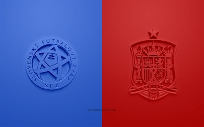 Slovakia vs Spain, UEFA Euro 2020, Group E, 3D logos, blue red background, Euro 2020, football match, Slovakia national football team, Spain national football team