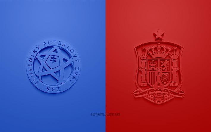 Slovaquie vs Espagne, l&#39;UEFA Euro 2020, le Groupe E, des logos 3D, bleu sur fond rouge, de l&#39;Euro 2020, match de football, la Slovaquie &#233;quipe nationale de football, Espagne, &#233;quipe nationale de football