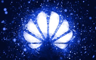 Huawei dark blue logo, 4k, dark blue neon lights, creative, dark blue abstract background, Huawei logo, brands, Huawei