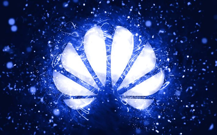 Huawei logo bleu fonc&#233;, 4k, n&#233;ons bleu fonc&#233;, cr&#233;atif, fond abstrait bleu fonc&#233;, logo Huawei, marques, Huawei