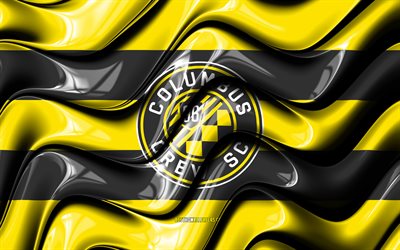 Bandeira do Columbus Crew, 4k, ondas 3D amarelas e pretas, MLS, time de futebol americano, futebol, logotipo da Columbus Crew, Columbus Crew FC