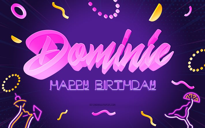 Buon compleanno Dominic, 4k, Purple Party Background, Dominic, arte creativa, buon compleanno Dominic, nome Dominic, compleanno Dominic, sfondo festa di compleanno
