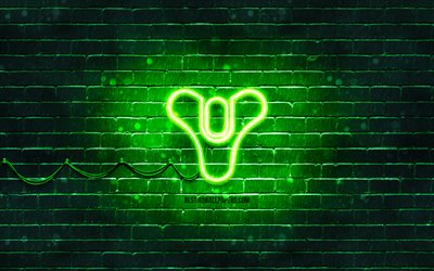 Destiny yeşil logo, 4k, yeşil tuğla duvar, Destiny logosu, oyun markaları, Destiny neon logosu, Destiny