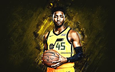 Donovan Mitchell, Utah Jazz, NBA, American basketball player, yellow stone background, USA, basketball