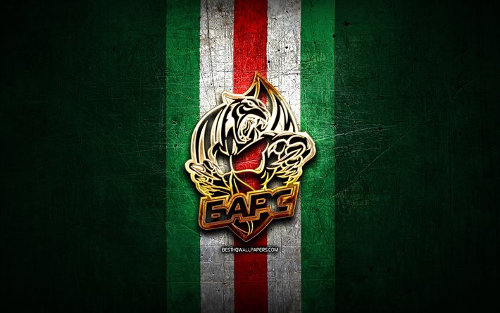 Ak Bars Kazan, logo dorato, KHL, verde, metallo, sfondo, russo, squadra di hockey, Kontinental Hockey League, logo, hockey