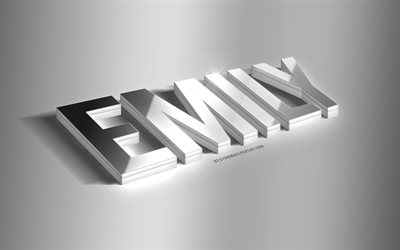 إيميلي, الفضة الفن 3d, خلفية رمادية, خلفيات أسماء, اسم إيميلي, إميلي بطاقات المعايدة, الفن 3d, الصورة مع اسم إيميلي