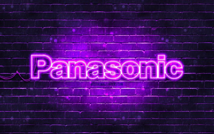 Panasonic menekşe logosu, 4k, menekşe tuğla duvar, Panasonic logosu, markalar, Panasonic neon logosu, Panasonic