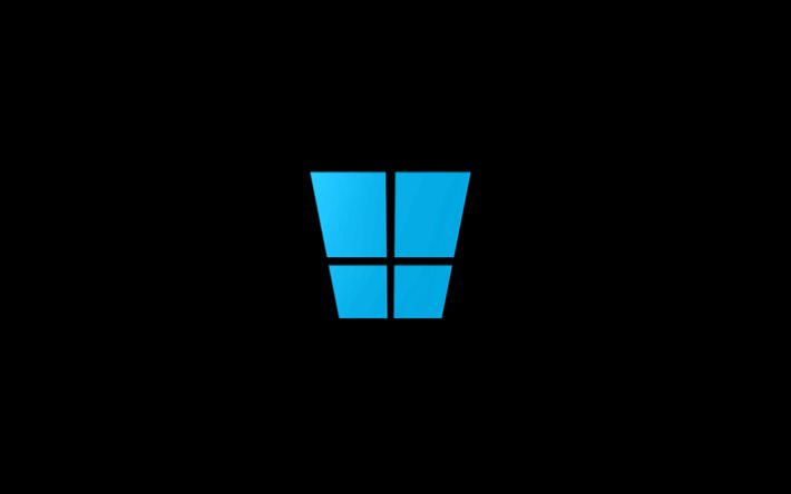 4k, logotipo azul do Windows 10, fundos pretos, criativo, minimalismo, logotipo do Windows 10, OS, Windows 10