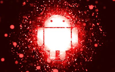 Android r&#246;d logotyp, 4k, r&#246;da neonljus, kreativ, r&#246;d abstrakt bakgrund, Android-logotyp, OS, Android