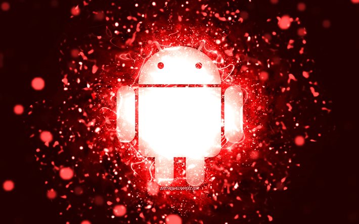 Android kırmızı logo, 4k, kırmızı neon ışıklar, yaratıcı, kırmızı arka plan, Android logosu, İşletim Sistemi, Android