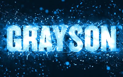 Joyeux anniversaire Grayson, 4k, n&#233;ons bleus, nom Grayson, cr&#233;atif, Grayson Happy Birthday, Grayson Birthday, noms masculins am&#233;ricains populaires, image avec le nom de Grayson, Grayson