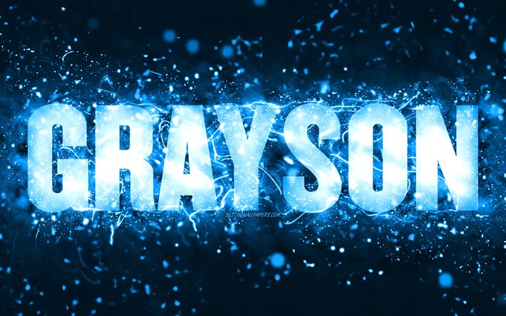 Grattis p&#229; f&#246;delsedagen Grayson, 4k, bl&#229; neonljus, Grayson namn, kreativ, Grayson Grattis p&#229; f&#246;delsedagen, Grayson F&#246;delsedag, popul&#228;ra amerikanska manliga namn, bild med Grayson namn, Grayson