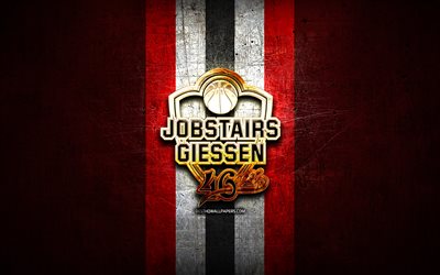 Giessen 46ers, golden logo, BBL, red metal background, german basketball club, Basketball Bundesliga, Giessen 46ers logo, basketball