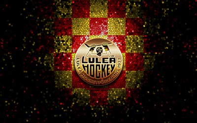 Lulea HF, glitter logo, SHL, red yellow checkered background, hockey, swedish hockey team, Lulea HF logo, mosaic art, swedish hockey league
