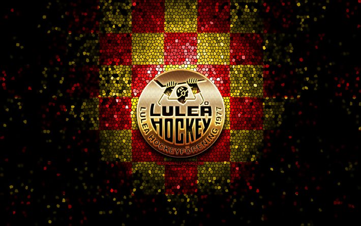 Lulea HF, logotipo de glitter, SHL, fundo vermelho amarelo quadrinado, h&#243;quei, time sueco de h&#243;quei, logotipo Lulea HF, arte de mosaico, liga sueca de h&#243;quei
