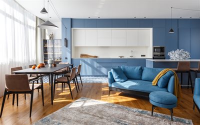 スタイリッシュなダイニングルームのインテリアデザイン, 青いキッチン家具, キッチンのアイデア, モダンなインテリアデザイン, キッチンとダイニング, スタイリッシュな青い家具