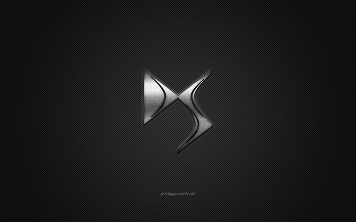 DS logo, silver logo, gray carbon fiber background, DS metal emblem, DS, cars brands, creative art, DS Automobiles