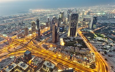 Dubai, sera, grattacieli, vista aerea di Dubai, panorama di Dubai, Emirati Arabi Uniti, Paesaggio urbano di Dubai