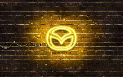 Mazda yellow logo, 4k, yellow brickwall, Mazda logo, cars brands, Mazda neon logo, Mazda