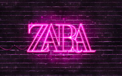 Logo violet Zara, 4k, mur de briques violet, logo Zara, marques de mode, logo au n&#233;on Zara, Zara